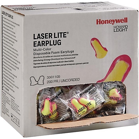 Open doos met Laser Lite oordopjes. De oordopjes zijn geel en roze. Op de verpakking staat Honeywell.
