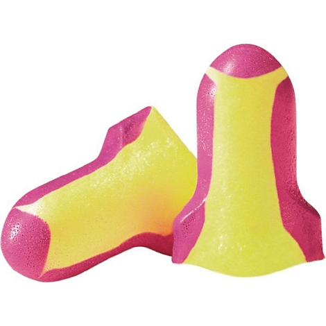 Twee geel-roze oordopjes tegen een witte achtergrond. Ze hebben een conische vorm en zijn gemaakt van zacht materiaal.
