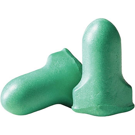 Twee groene oordopjes tegen een witte achtergrond. Eén in focus met een paddenstoelvormige tip, de andere ernaast.