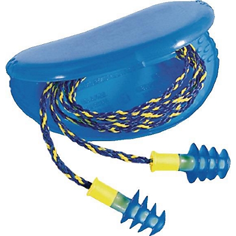 Blauwe oordopjes met geel koord in een blauwe etui.