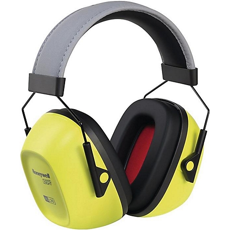 Cache-oreilles jaunes avec bord noir et bandeau gris, doublure intérieure rouge.