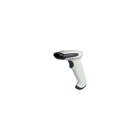 Scanner de codes-barres blanc avec tÃªte de lecture et poignÃ©e noires. Un bouton noir est fixÃ© Ã  la poignÃ©e.