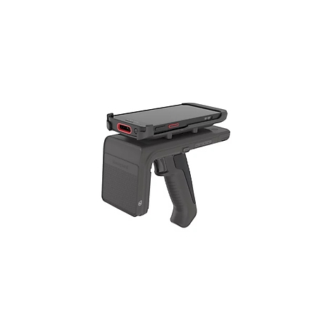 Schwarzes Scannergerät mit einem Smartphone obenauf, roter Akzent. Griffartig geformt.