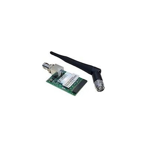 Ein grüner Leiterplatten-Chip mit einem silbernen Stecker und einer schwarzen Antenne, die mit dem Chip verbunden ist.
