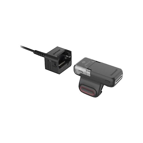 Drahtloses Headset und Ladestation, schwarz. Headset an Handgelenkhalterung mit rotem Akzent, daneben Ladestation mit Kabel.