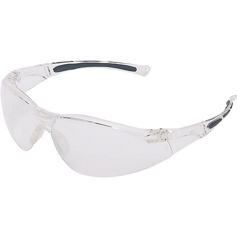Lunettes de sécurité transparentes et incurvées avec des détails sombres sur les branches et le nez.