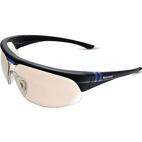 Lunettes de sécurité avec monture noire, accents bleus et verres miroir. Le logo Honeywell est visible sur la branche.