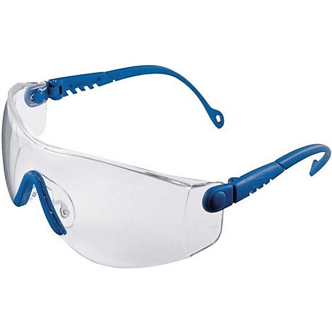 Lunettes de sécurité transparentes avec monture bleue, vue latérale.