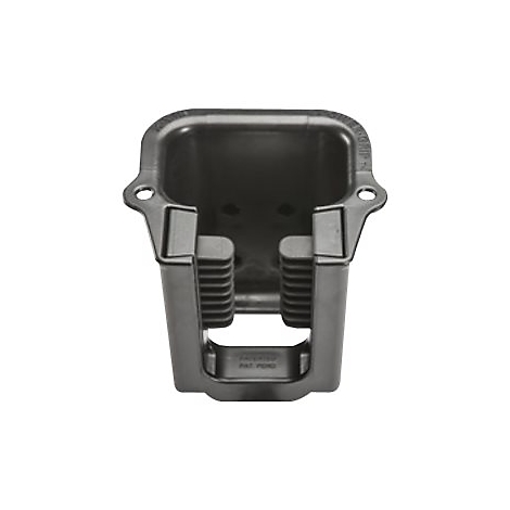 Schwarze, eckige Halterung aus Kunststoff. Oben und unten sind Öffnungen, seitlich zwei Bohrungen. Auf der Front steht: PAT PEND.