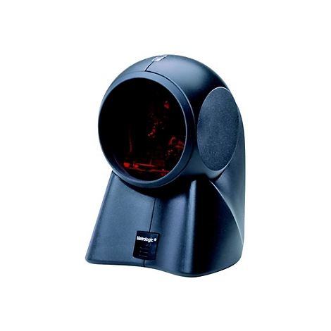 Schwarzer Barcode-Scanner mit rotem Licht, isoliert auf weißem Hintergrund. Mit Metrologic Logo.
