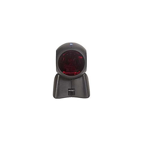 Schwarzer Barcodescanner, Blick in das rot beleuchtete Innere.