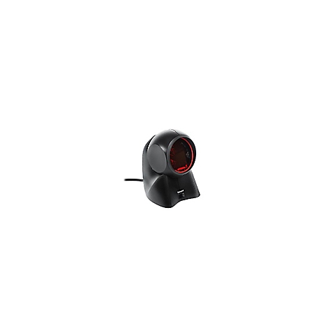 Scanner de codes-barres noir avec lumière rouge, connexion par câble, fond blanc.