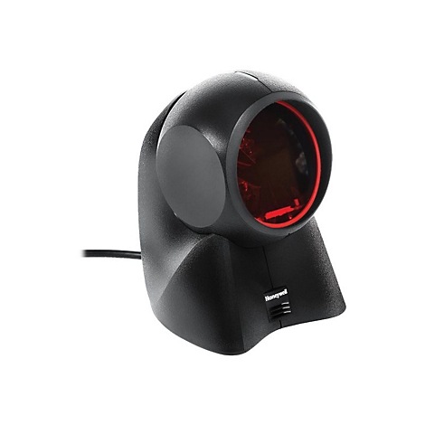 Scanner de codes-barres noir avec lumière rouge. Logo Honeywell en bas.