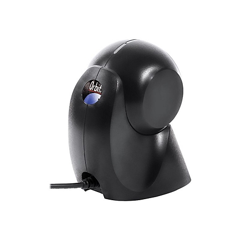 Scanner de code-barres noir avec logo Orbit et câble. Présenté en gros plan sur fond blanc.