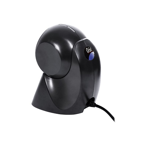 Scanner de codes-barres noir, logo Orbit, bouton bleu, câble.