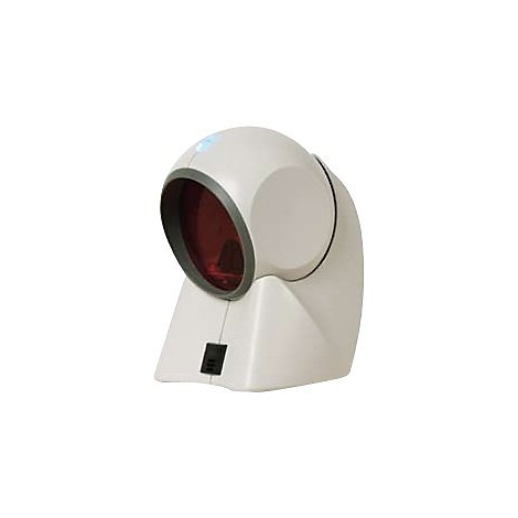 Scanner de codes-barres blanc avec lumière rouge. Une lumière bleue est située sur le dessus de l'appareil.