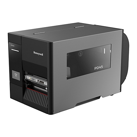 Drucker PD45 von Honeywell. Schwarz-graues GehÃ¤use mit sichtbaren Innenleben und der Aufschrift PD45.
