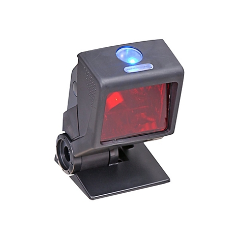 Scanner de code-barres noir avec lumière rouge, sur pied. Lumière bleue en haut.