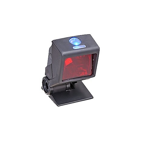 Ein schwarzer Barcode-Scanner mit rotem Licht. Auf weißem Hintergrund.