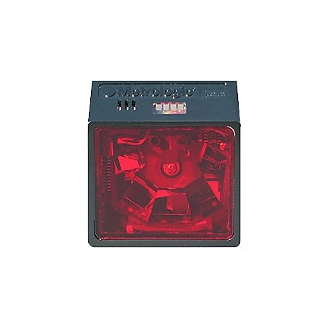 Schwarzes Barcode-Lesegerät mit roter Laserbeleuchtung. Oben steht 'Metrologic'.