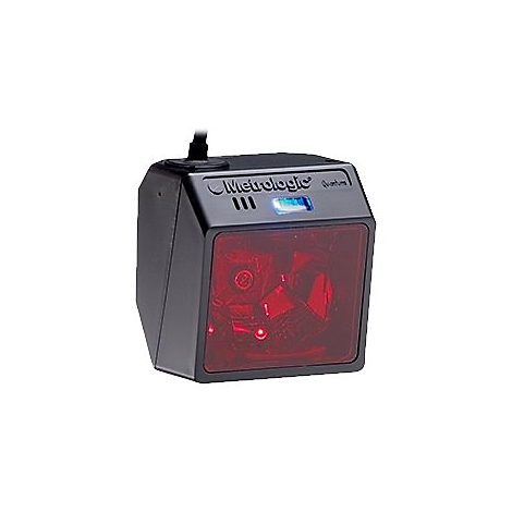 Schwarzer Barcode-Scanner mit rotem Licht. Oben links das Metrologic-Logo. Kabelanschluss.