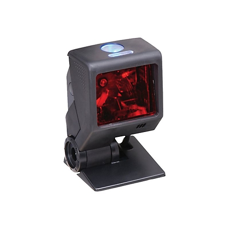 Ein schwarzer Barcode-Scanner steht auf einer schwarzen Basis. Der Scanbereich leuchtet rot.