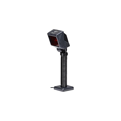 Schwarzer Barcodescanner, mit roter Lichtquelle, auf einer flexiblen Halterung. Der Scanner steht auf einem quadratischen Sockel.