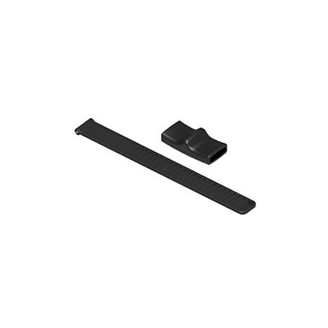 Schwarzes Uhrenarmband und Verschluss liegen auf weißem Hintergrund.