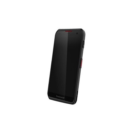 Schwarzes Smartphone. Roter Knopf auf der Seite. Marke Honeywell.