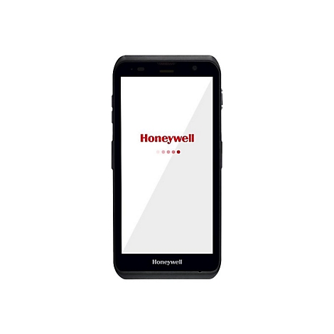 Schwarzes Smartphone mit Honeywell-Logo auf weißem Bildschirm. Das Gerät ist vor weißem Hintergrund zentriert.