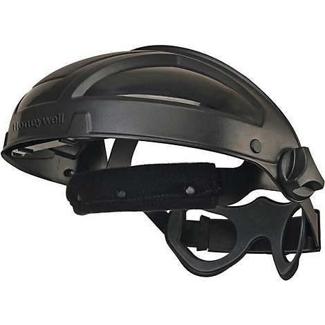 Casque de sécurité noir, logo Honeywell, jugulaire, réglable.