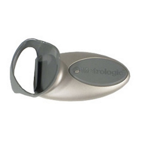 Ein silberfarbener Barcode-Scanner-Halter mit grauem Griff und Metrologic-Logo.
