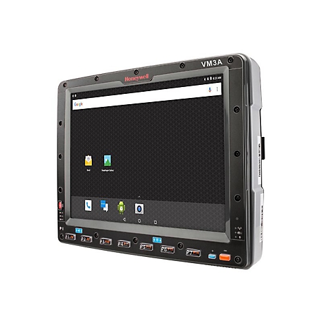 Robustes Honeywell Tablet, schwarzer Rahmen, Bildschirm mit App-Icons, oben das Honeywell Logo.