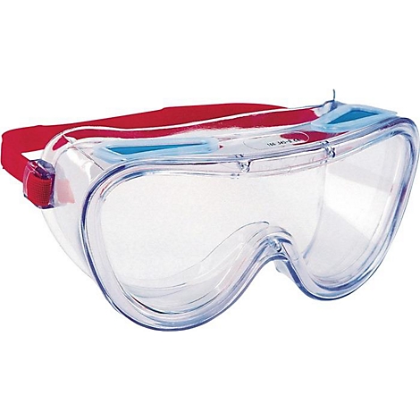 Klare Schutzbrille mit rotem Gummiband.