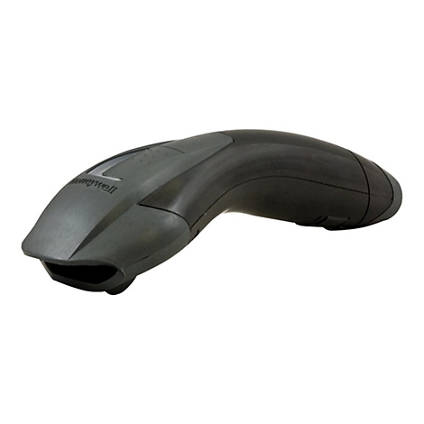 Handlicher, schwarzer Barcode-Scanner von Honeywell, leicht schräg von oben fotografiert, auf weißem Hintergrund.