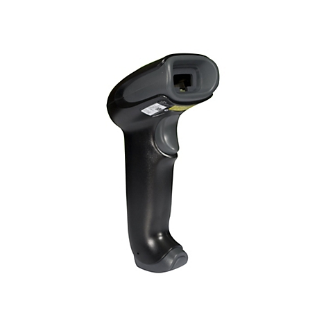 Ein schwarzer Barcodescanner auf weiÃŸem Hintergrund, mit grauen Akzenten und einem grauen AuslÃ¶seknopf.