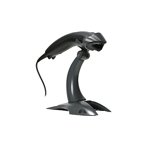 Ein Barcode-Scanner in Grau und Schwarz auf einem StÃ¤nder, der auf einem weiÃŸen Hintergrund steht.