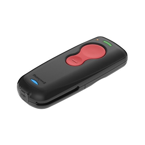 Scanner de codes-barres noir Honeywell avec un bouton rouge, sur fond blanc.
