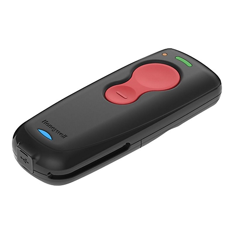 Scanner portable noir avec bouton rouge et voyant vert. Le logo Honeywell est visible.