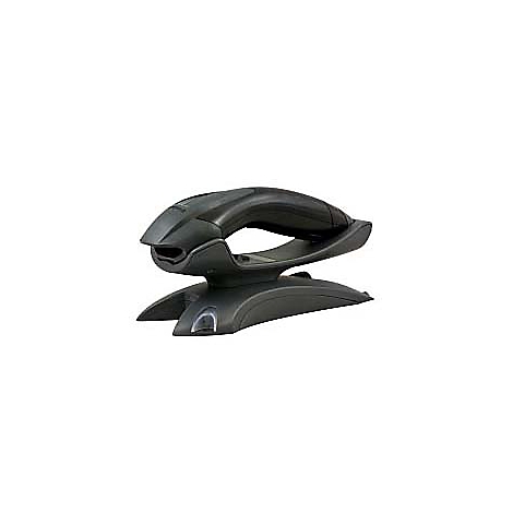 Scanner de codes-barres noir avec support. L'appareil a une forme incurvée, reposant sur une large base.