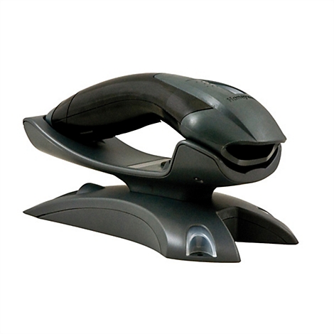 Un lecteur de codes-barres gris repose sur un socle gris. Le scanner a un design incurvé et le logo Honeywell est visible.