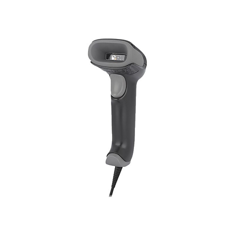 Scanner portable, noir et gris, avec câble. Le scanner est doté d'un bouton de déclenchement et d'une tête de lecture.