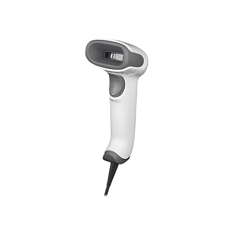 Scanner de codes-barres blanc et gris avec un câble noir sur fond blanc.
