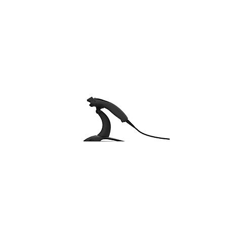 Scanner de codes-barres noir avec base incurvée sur fond blanc.