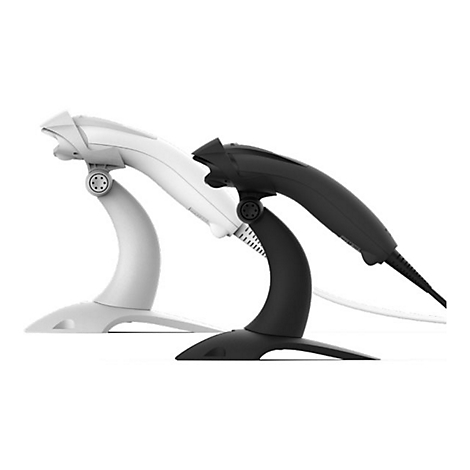 Un lecteur de codes-barres blanc et un noir avec support côte à côte sur fond blanc.