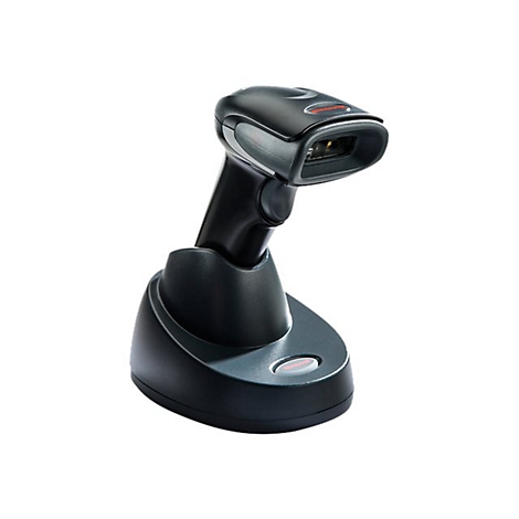Schwarzer Barcodescanner in Dockingstation, auf weiÃŸem Hintergrund. Scanner hat graue Akzente.
