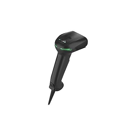 Un lecteur de code-barres noir avec une lumière verte, sur fond blanc.