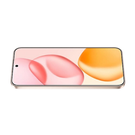 Smartphone, Frontansicht, goldfarbener Rahmen, pink- und orangetöniger Hintergrund.