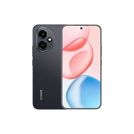 Dunkelgraues Smartphone mit Dual-Kamera und HONOR-Logo. Das Display zeigt farbige abstrakte Formen. 