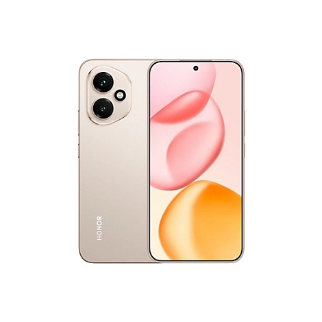 Beigefarbenes Smartphone, Ansicht von vorne und hinten. Auf dem Display farbige Formen.